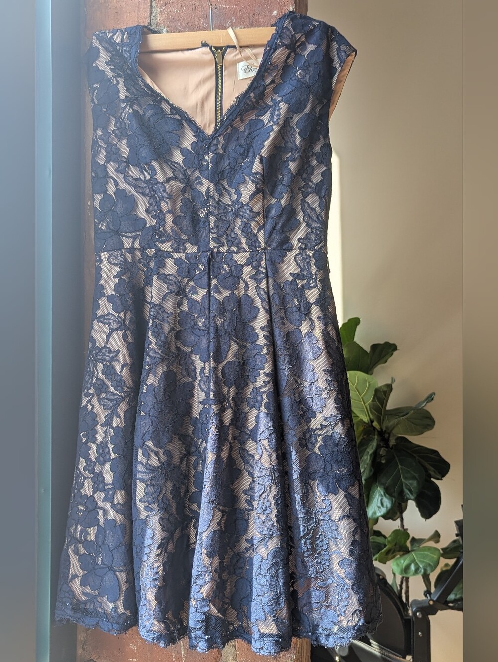 Eliza J Navy Lace Midi Dress with Nude Underlay